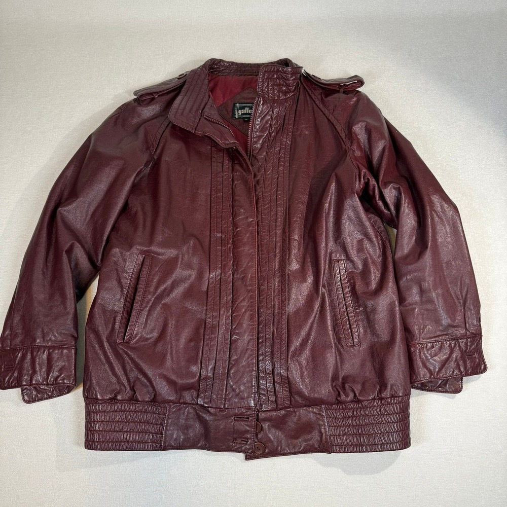 Gallery Burgundy Leather Jacket Women Size 12 Bomber Style Shoulder Detail